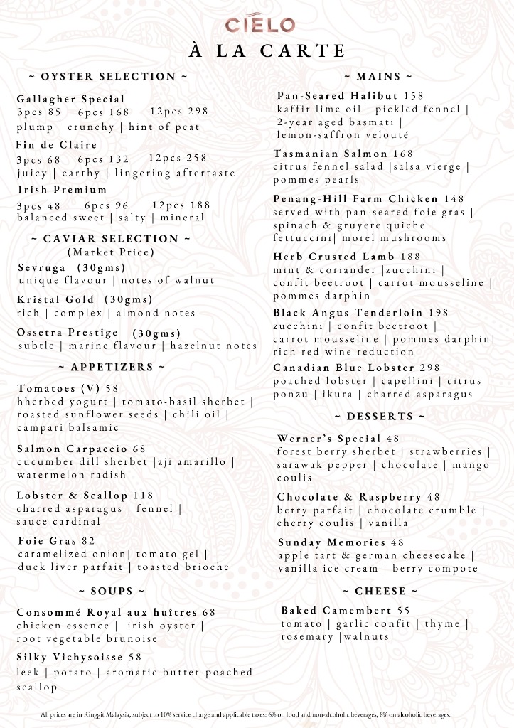 À La Carte Menu
